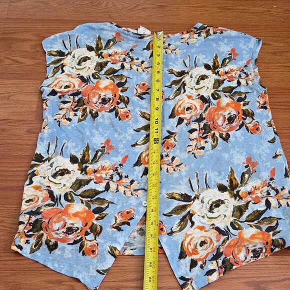 Joie Top Womens Large Blue Floral Linen Short Sleeve Casual Beachy Button Back - Picture 11 of 12